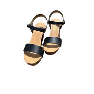 Soda CHIVAS ~ Women's Bold Buckles Studded Wedge Sandal lack Tan Size 7W